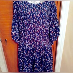 EShakti Dress NWOT Blue Red Floral linen & Cotton-lined, pockets long sleeve 20W